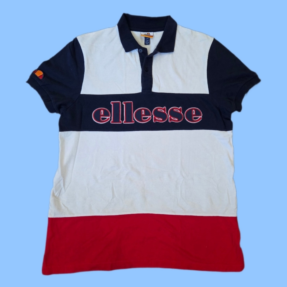 ellesse Navy White Red Colorblock Knit Short Sleeve Polo Shirt Collared Size M
